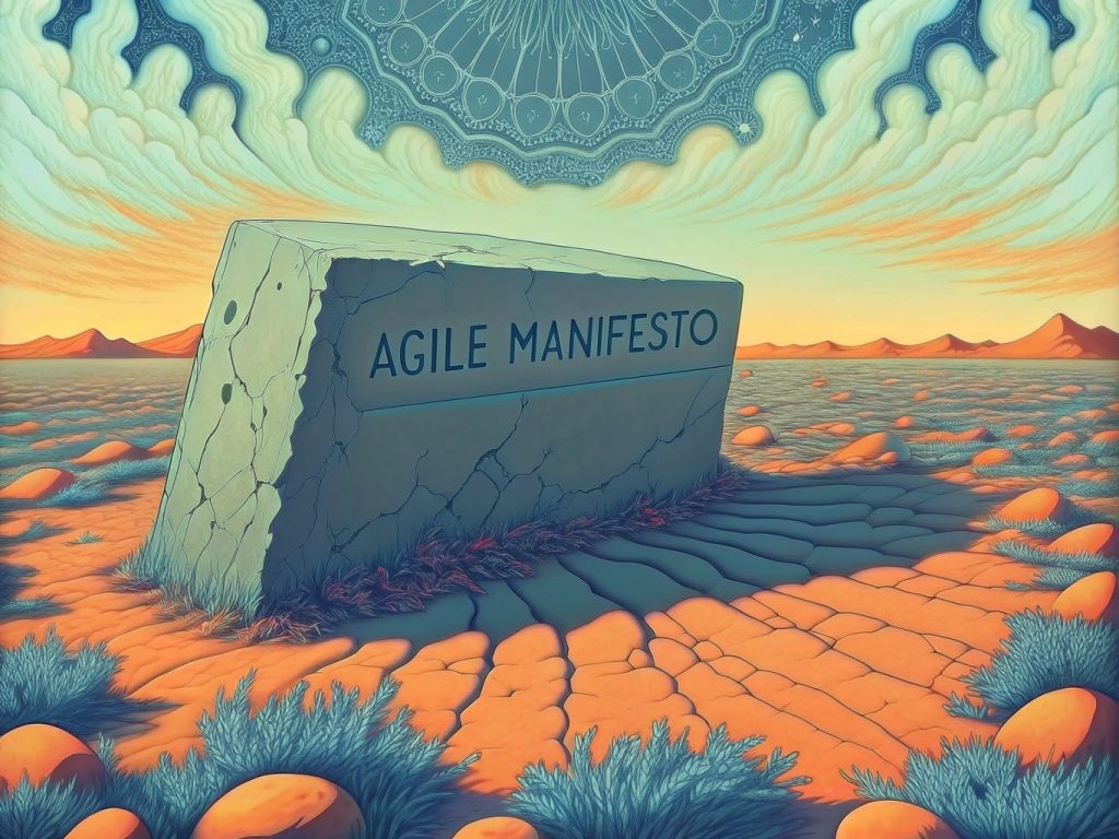 Surreale Darstellung der Ko-Evolution zwischen Mensch und Software-Organismus in einer digitalen Landschaft