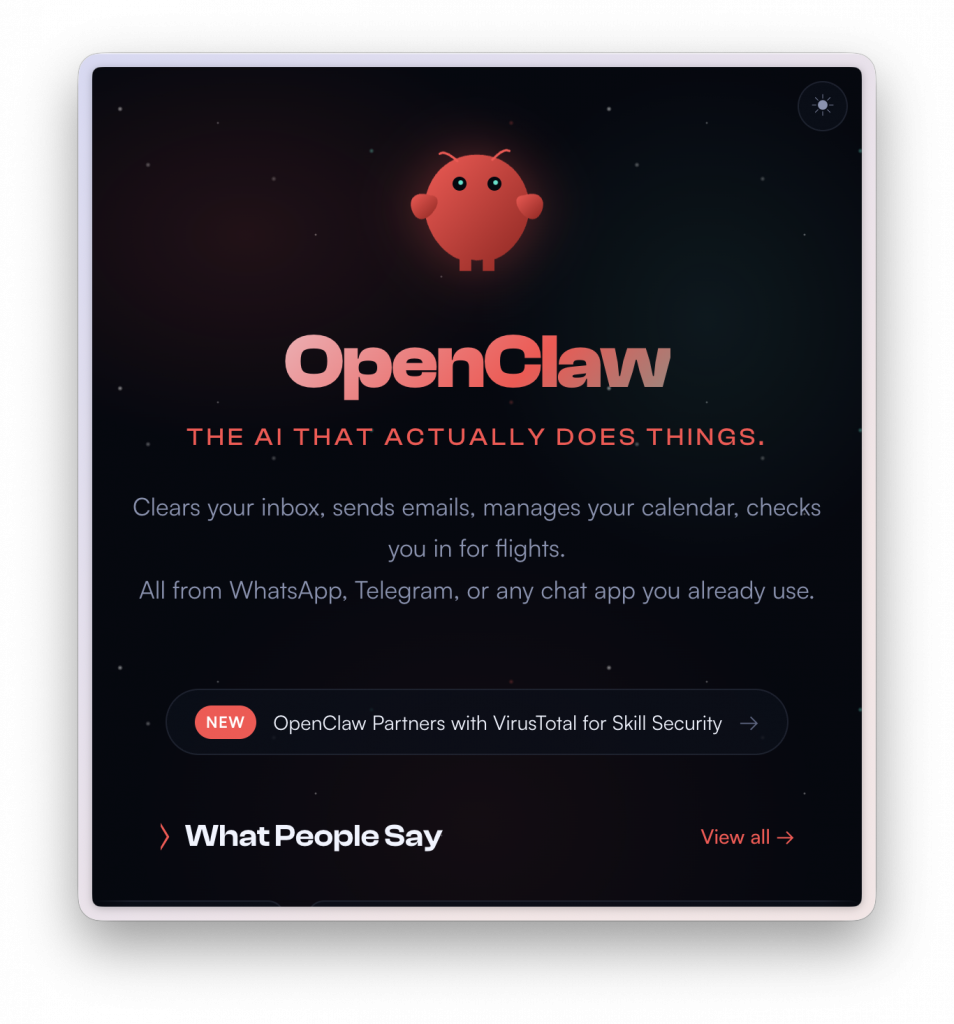 Screenshot der OpenClaw-Website: KI-Agentenframework für automatisierte Aufgaben und Workflows