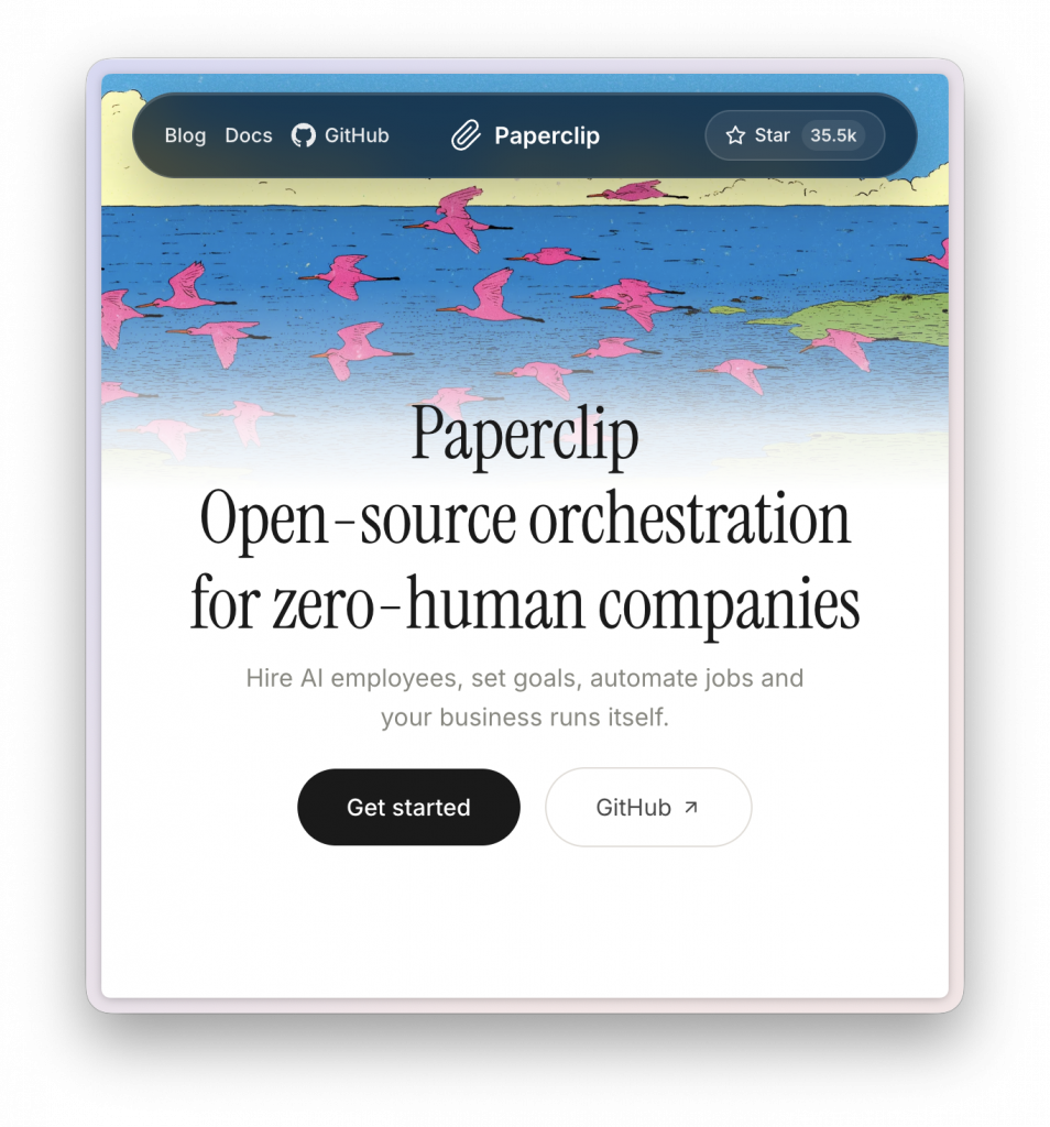 Screenshot der Paperclip-Website: Open-Source-Orchestrierung für autonome Software-Organismen
